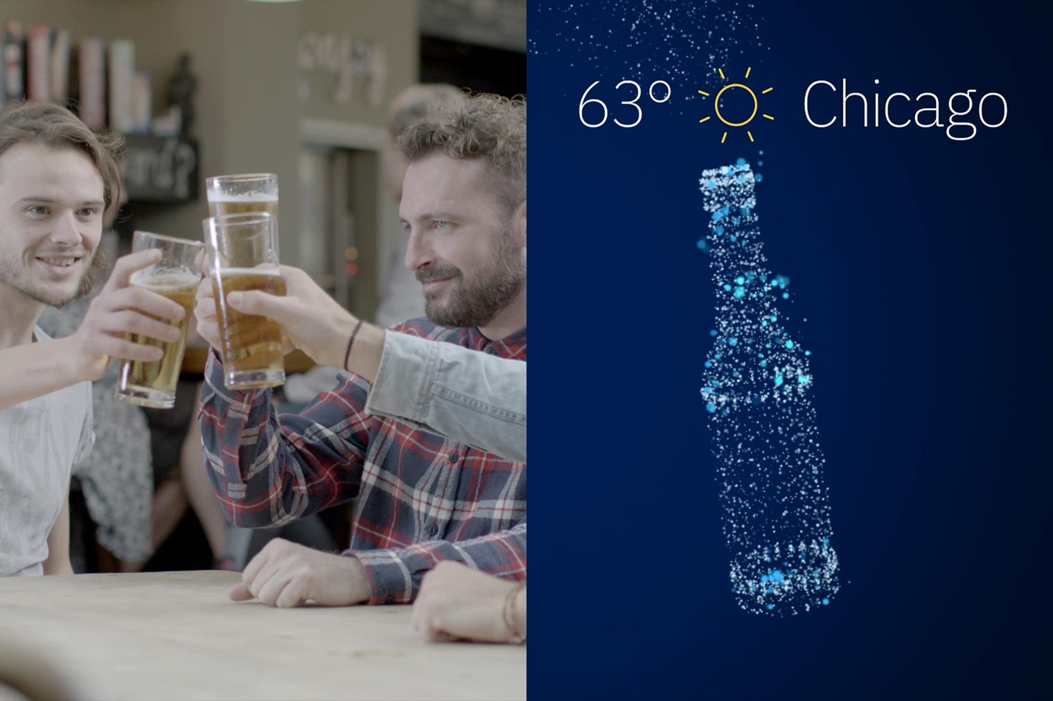 Splitscreen of two men cheersing beers on the left, and on the right a graphic of a beer bottle made out of data dots and text that says 63 degrees and sunny in Chicago.