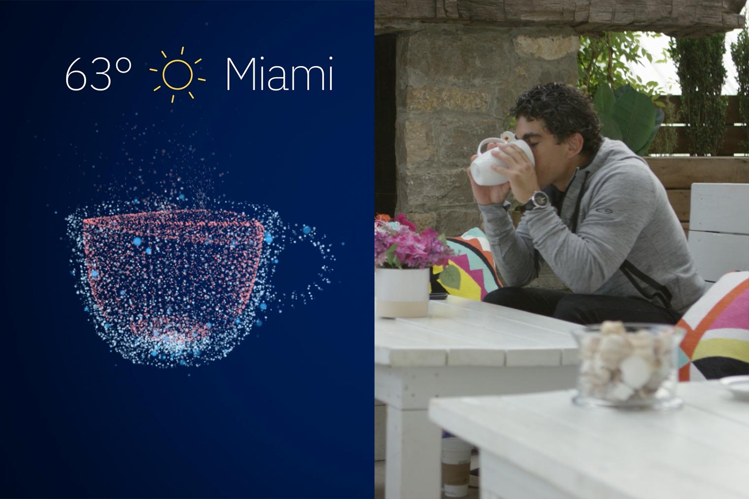 Splitscreen of man drinking coffee in a long sleeve shirt on the right, and on the left a graphic of a coffee cup made out of data dots and text that says 63 degrees and sunny in Miami.