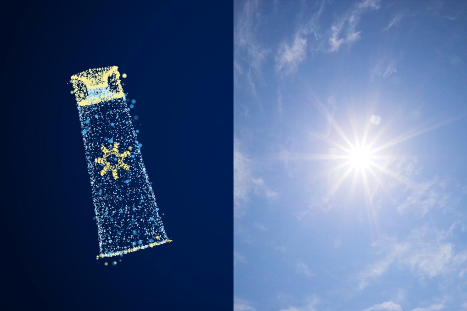 Splitscreen of sunscreen tube graphic made out of data dots on the left and a sunbeam on the right.