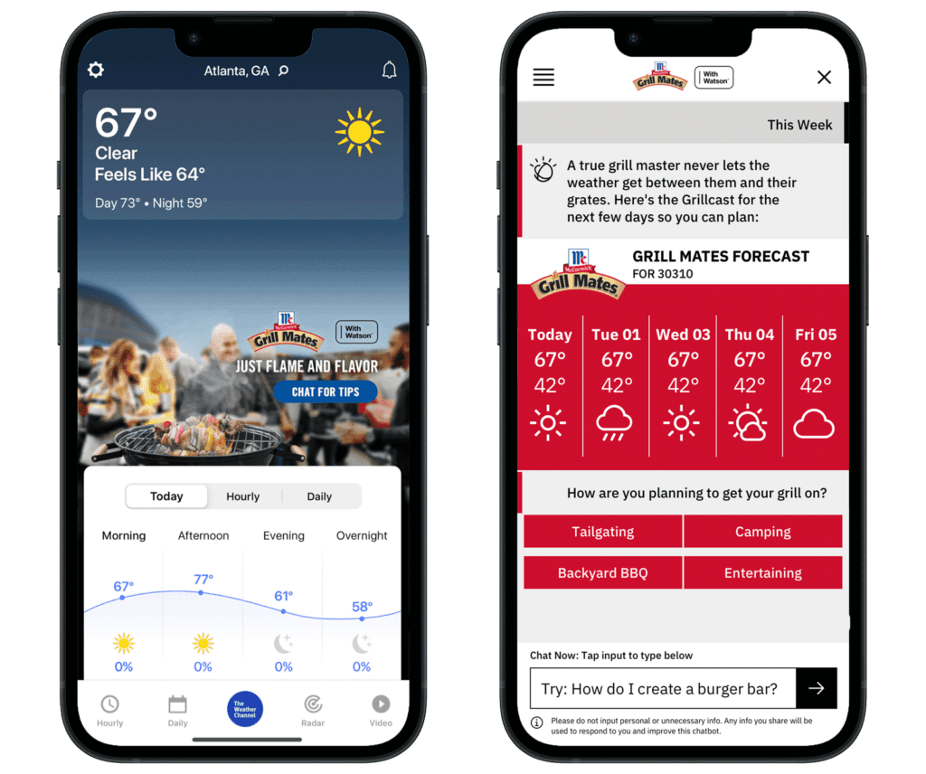 Screenshot of two phones with one showing the McCormick Integrated Marquee advertisement on The Weather Channel app and the other showing the 1:1 personalized conversation with grilling tips and recipes provided by AI natural language processing.