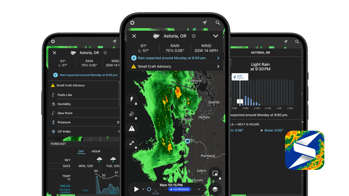 Three phones showing the Storm Radar app.