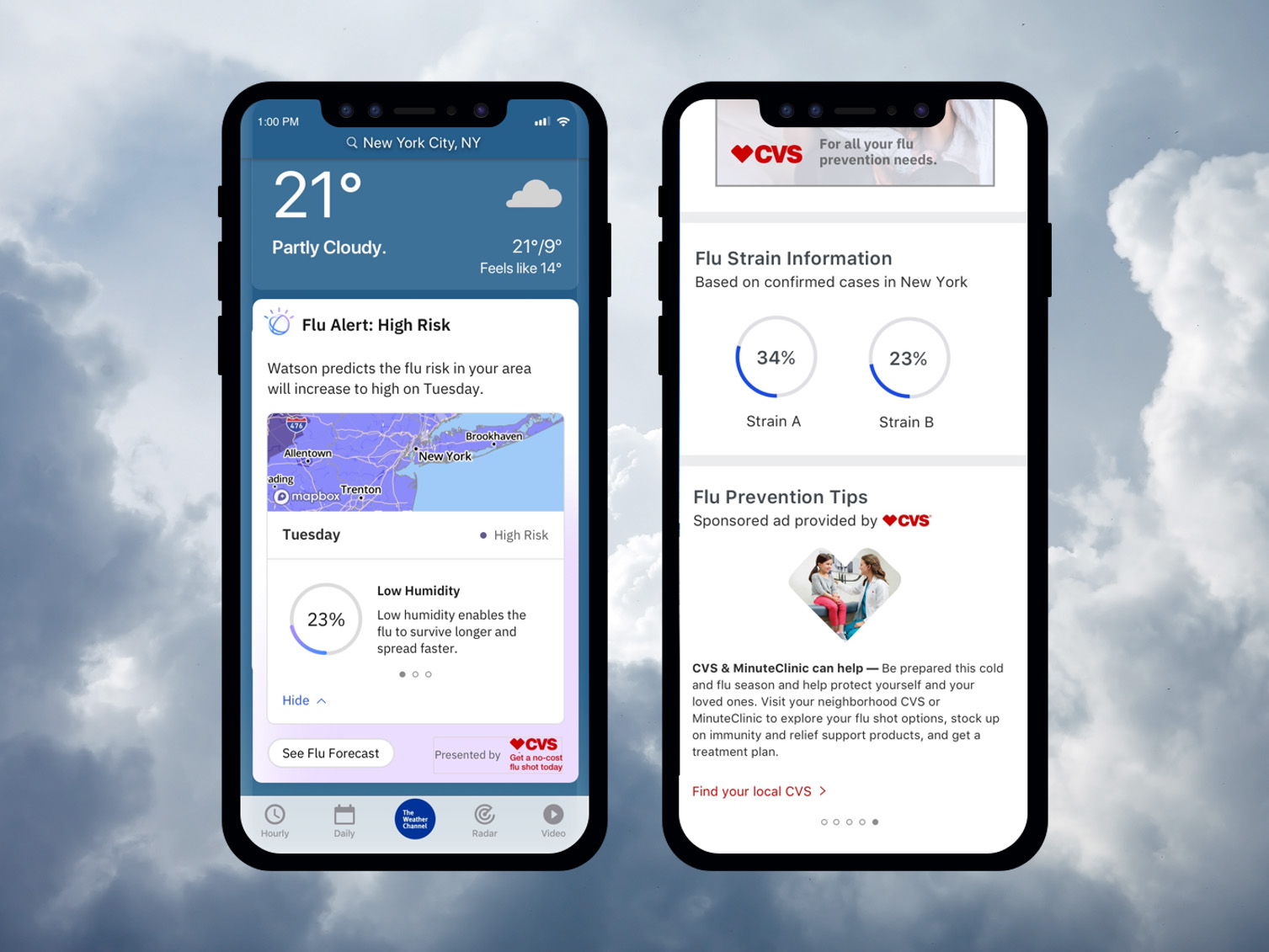 2 phones displaying The Weather Channel app with CVS as sponsor of the Flu Forecast