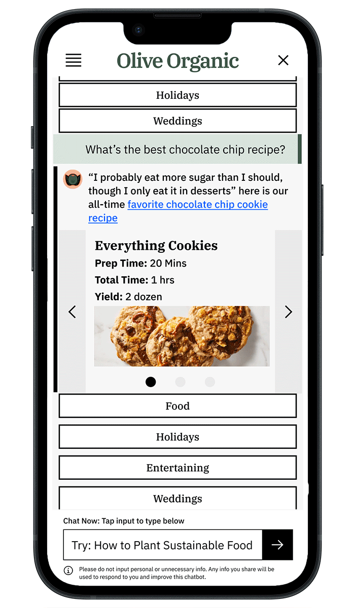 Phone showing an example of the conversations ad where the user asked for the best chocolate chip recipe and the chat provided a recipe.