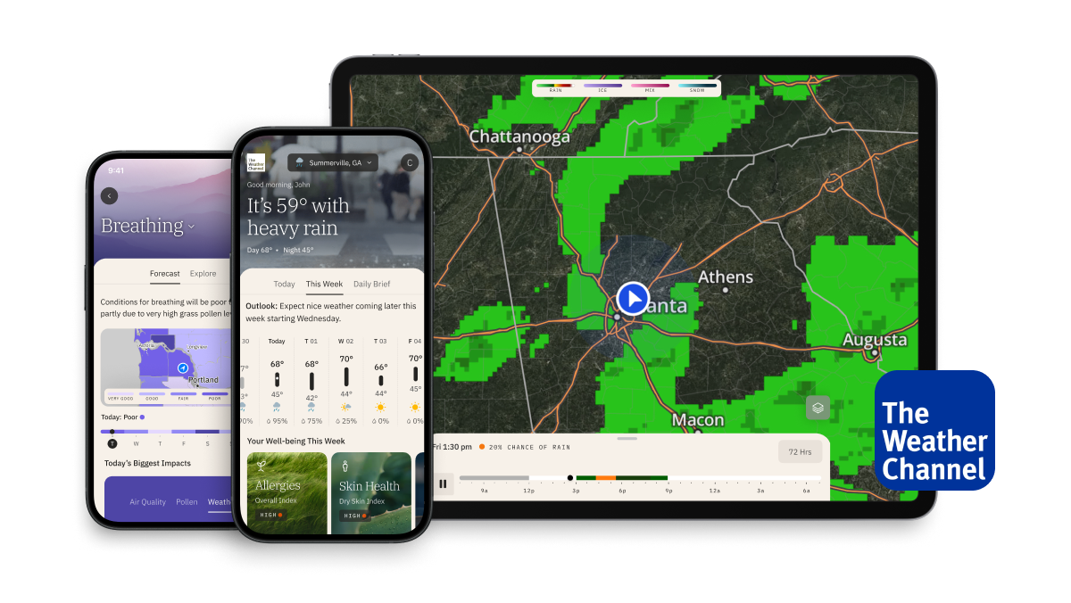 The Weather Channel app homescreen and breathing page on two phones and radar on a tablet.