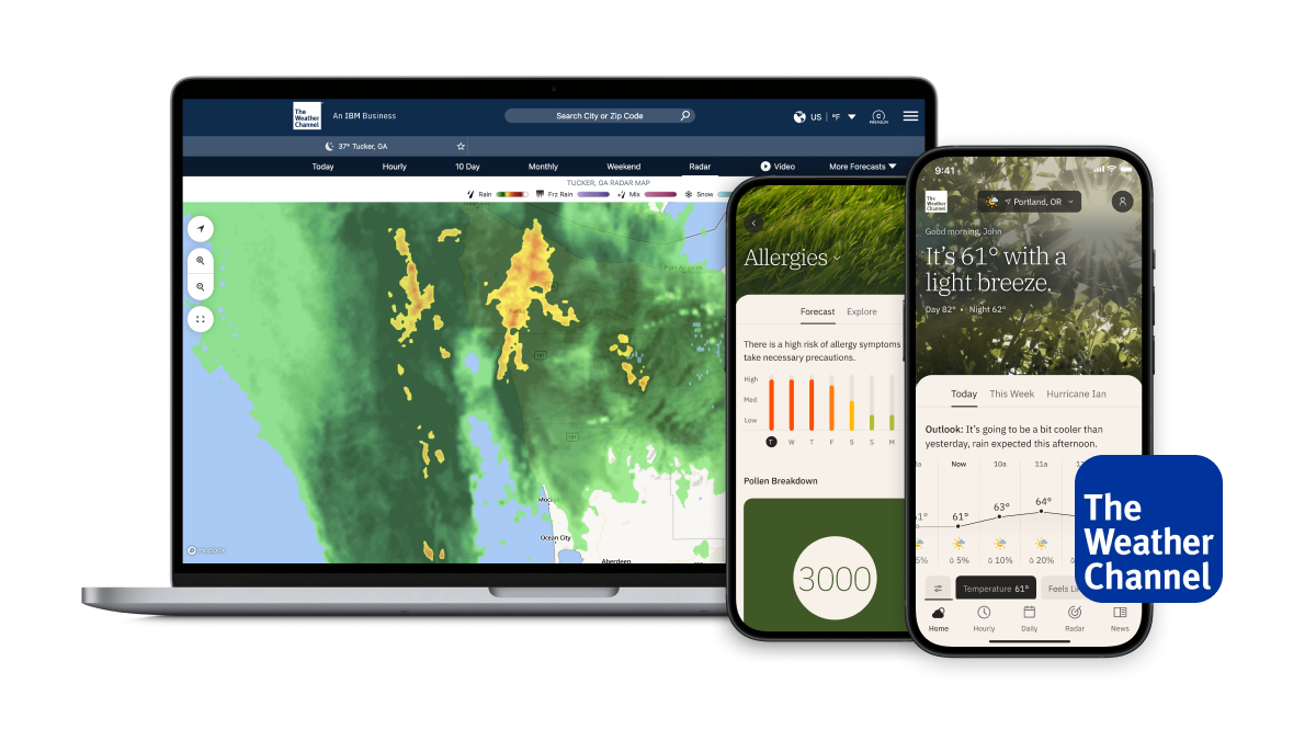 Laptop showing radar on weather.com and two phones screens showing The Weather Channel app homescreen and allergies page.