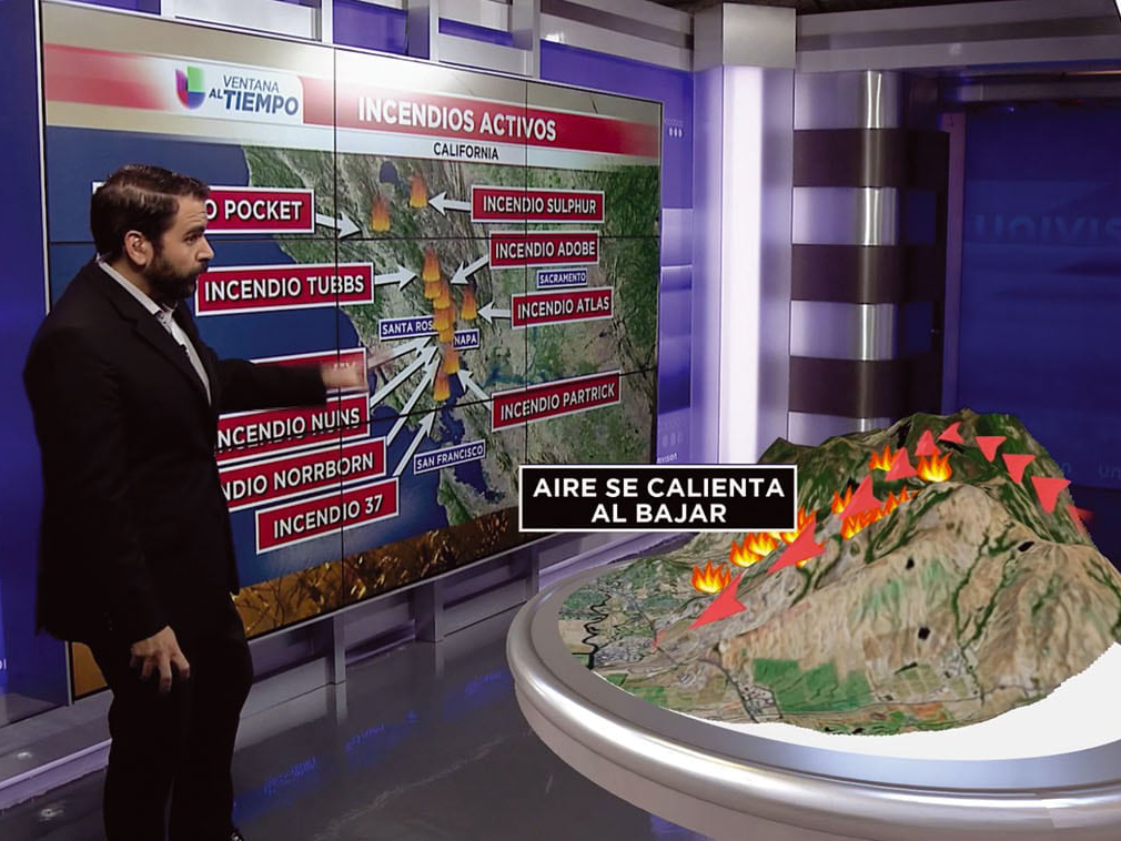 Hispanic man meteorologist giving a wildfire forecast in Spanish showing an augmented reality model of a wildfire on mountains
