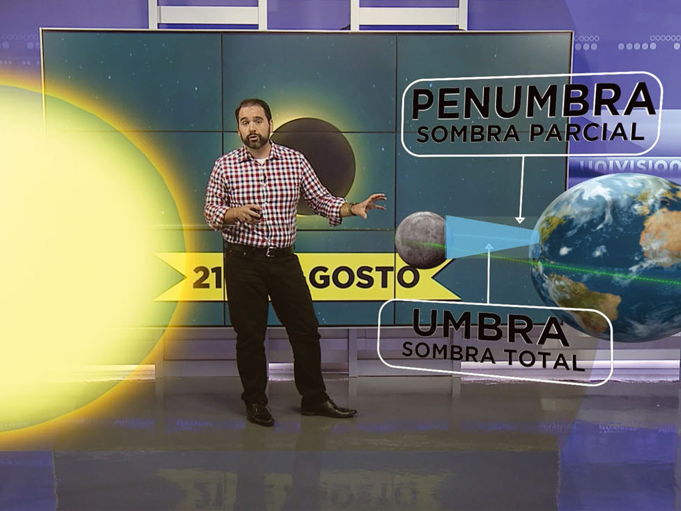 Hispanic man meteorologist demonstrating an eclipse in augmented reality