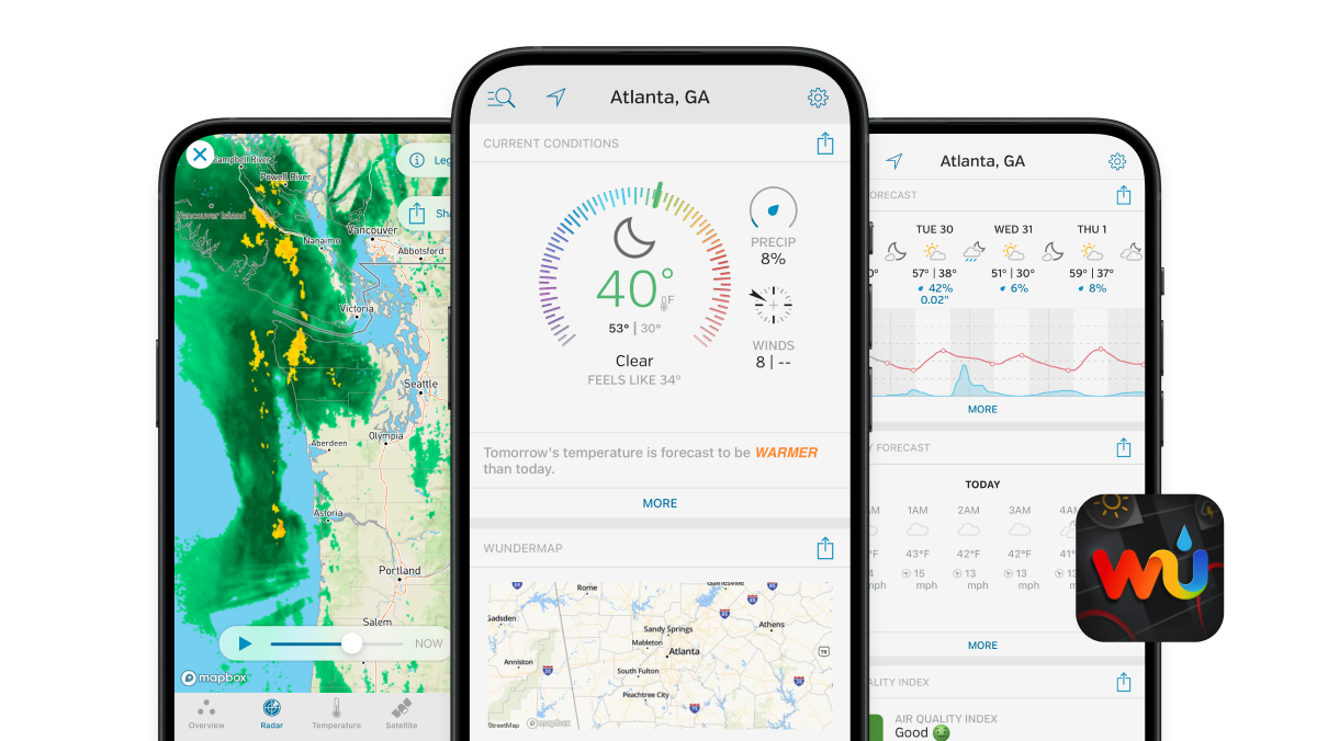 Three phones showing the Weather Underground app.