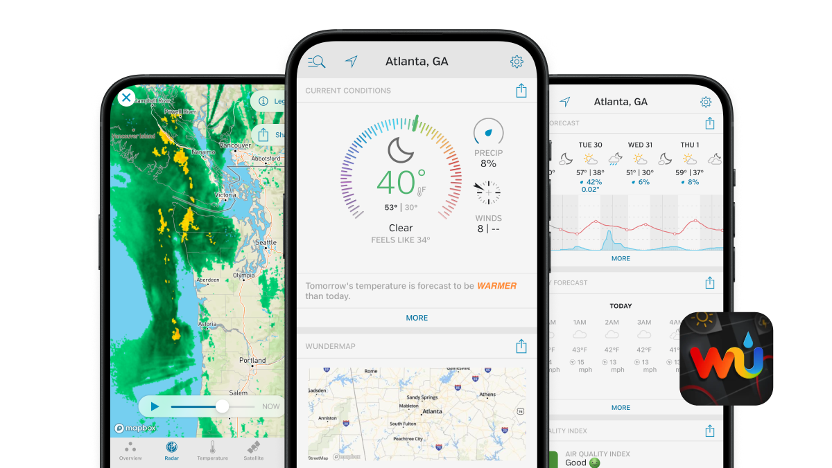 Three phones showing the Weather Underground app.