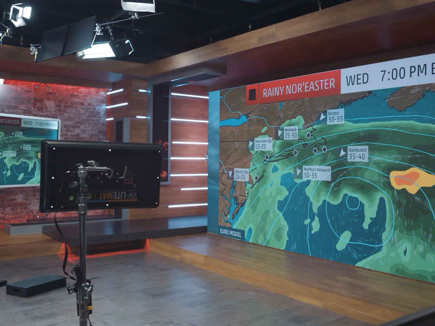 Large screen of weather forecast in weather production studio