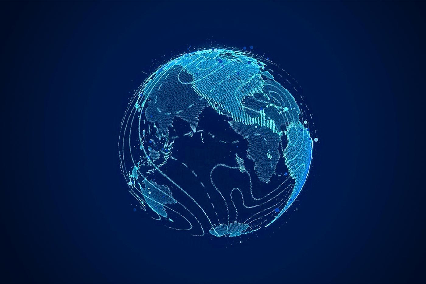 Graphic the world showing land and atmosphere made out of data dots.