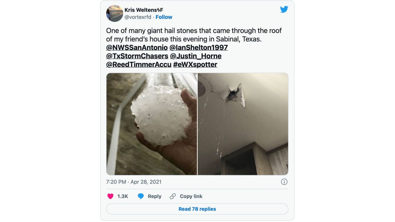 Screenshot of a tweet about hail