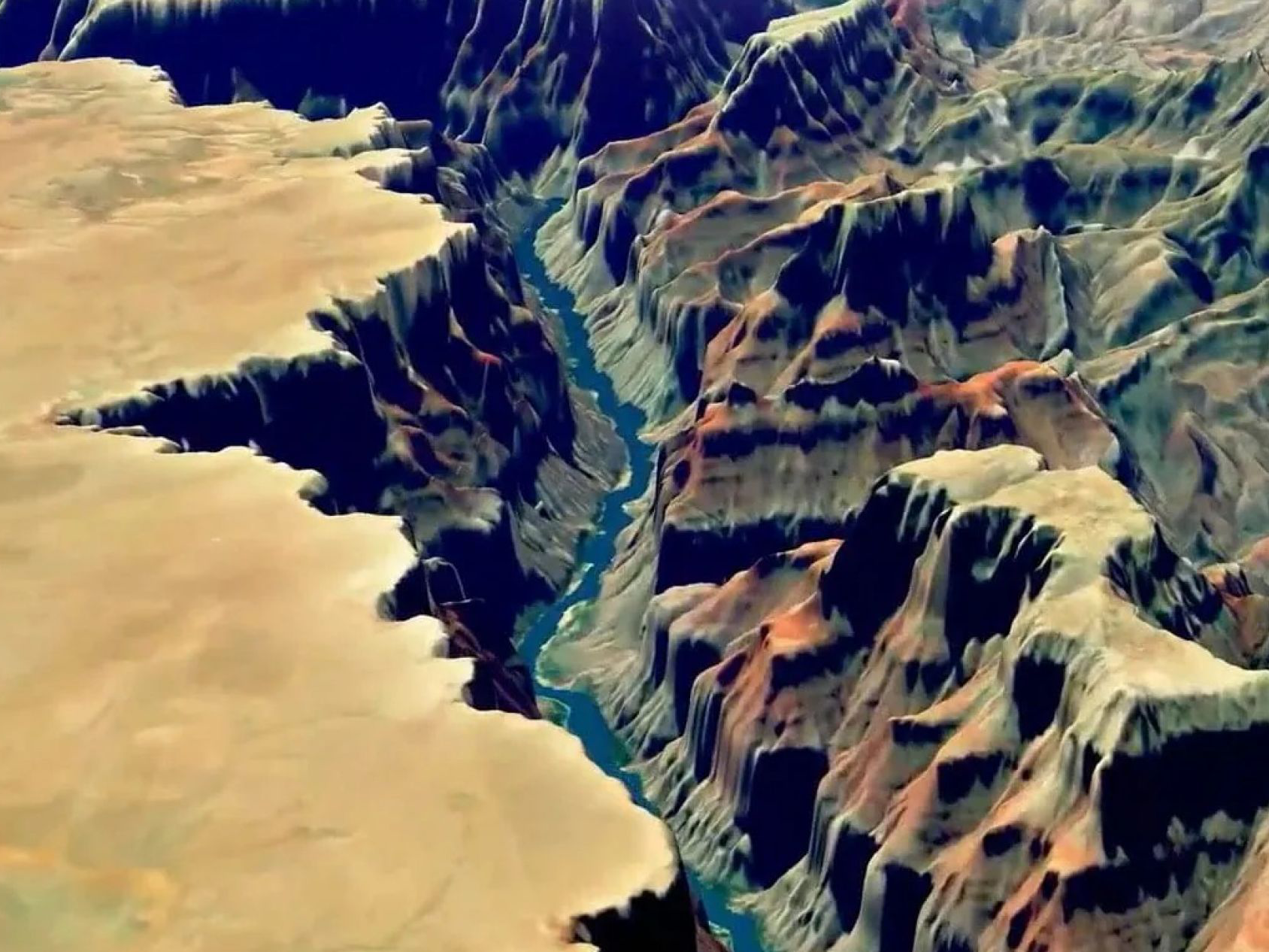 Computer generated river running through canyon