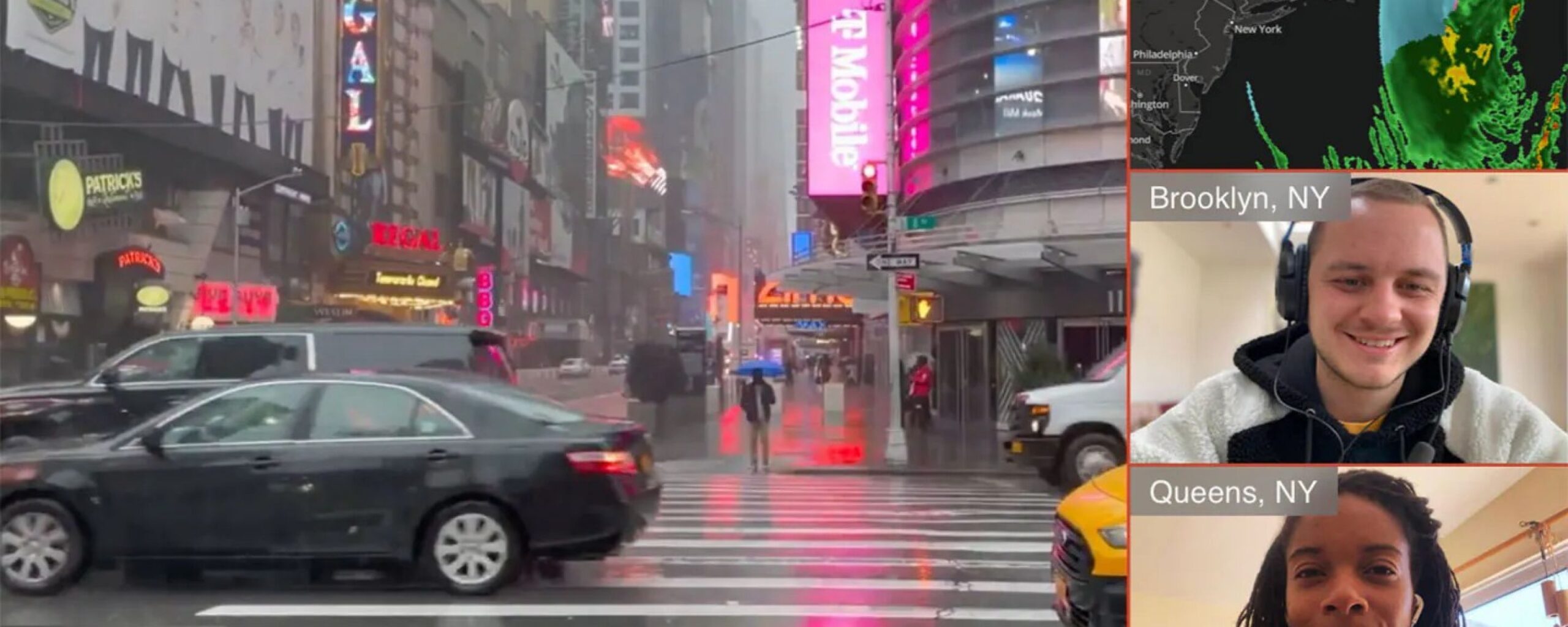 Multiple screens of a rainy street with broadcaster faces to the right