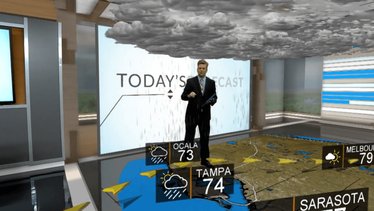 A weather forecaster demonstrating cloudy weather using Max augmented reality