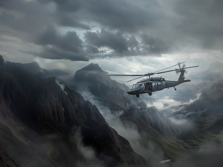 Black hawk helicopter flying low through cloudy mountains