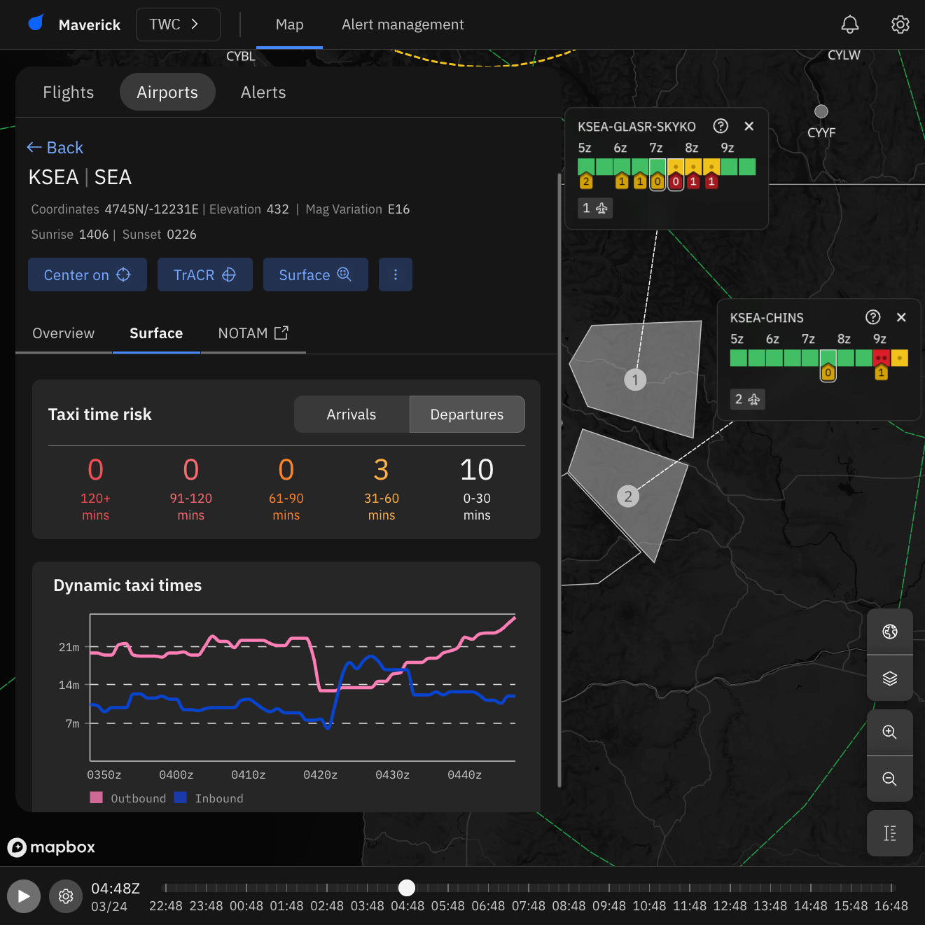 Predictive airport intelligence visualizes weather impacts for proactive flight management.