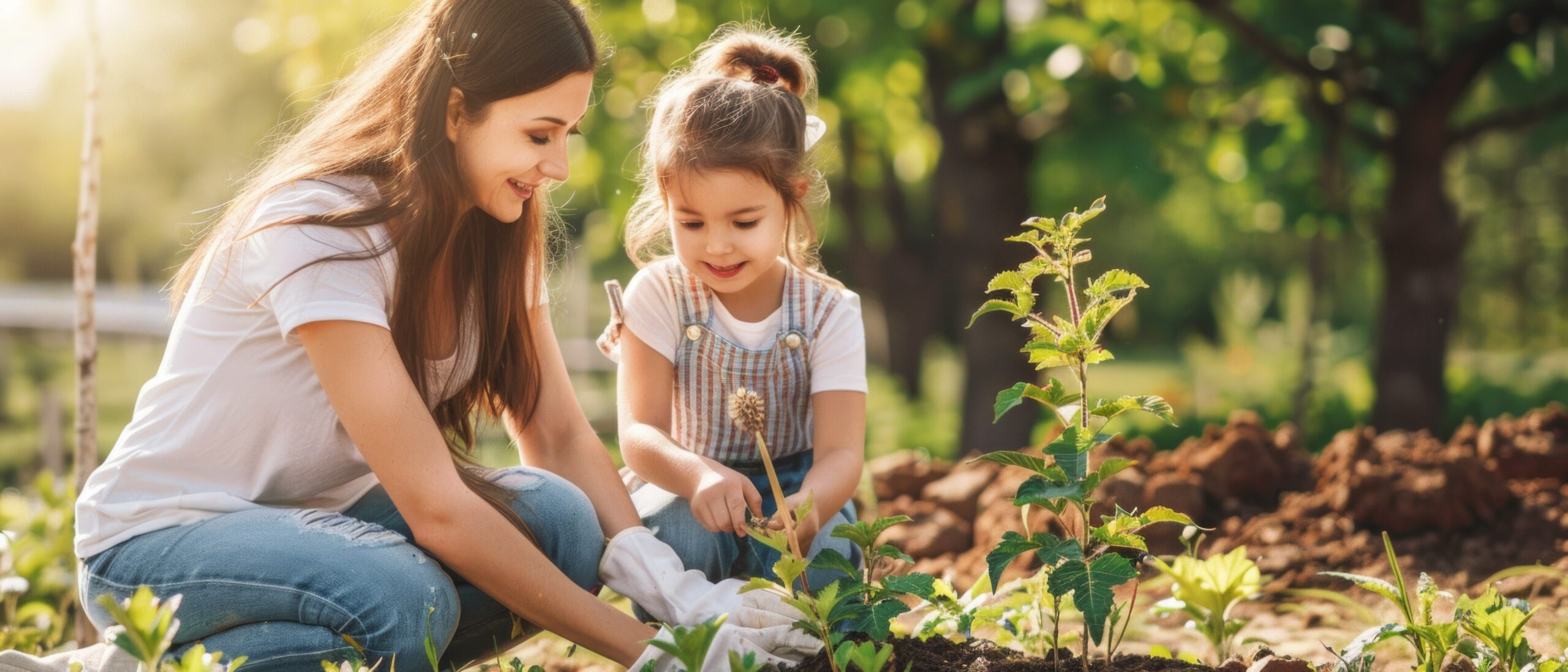 A heartwarming image of a mother and daughter gardening together, smiling in a vegetable garden at sunset, bathed in warm light.