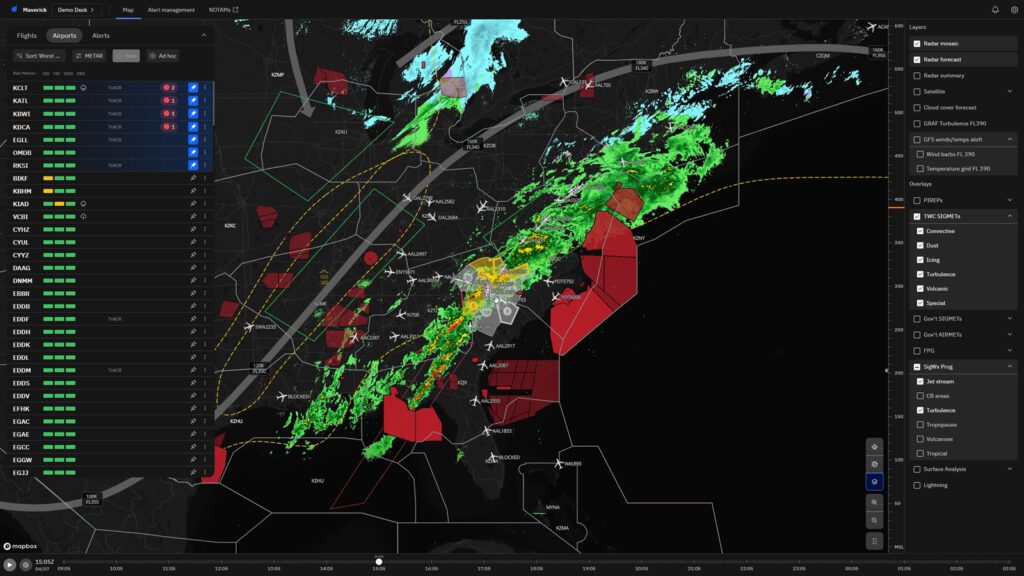 Maverick Dispatch screen: Seamless access to layers like TFRs and SUAs, airport insights, and desk alerts for quick situational awareness.