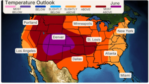 Heat map of the June 2025 temperature outlook from The Weather Company