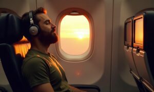 Airplane passenger window seat sunset view wearing headphones and relaxed
