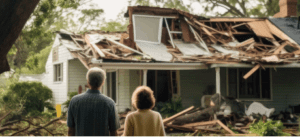 A couple outside looking at a storm-damaged home.