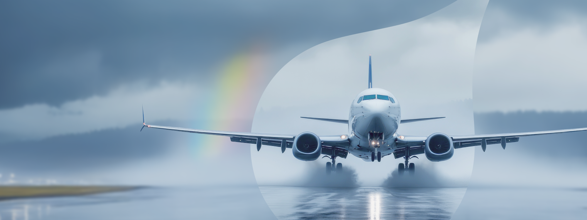 Airplane on a tarmac with a rainbow