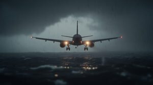 Aircraft in stormy seas, approaching for landing. The plane is visible against a dark, ominous sky with heavy rain and rough waves.