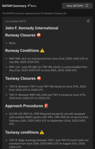 A screenshot of an aviation NOTAMs summary