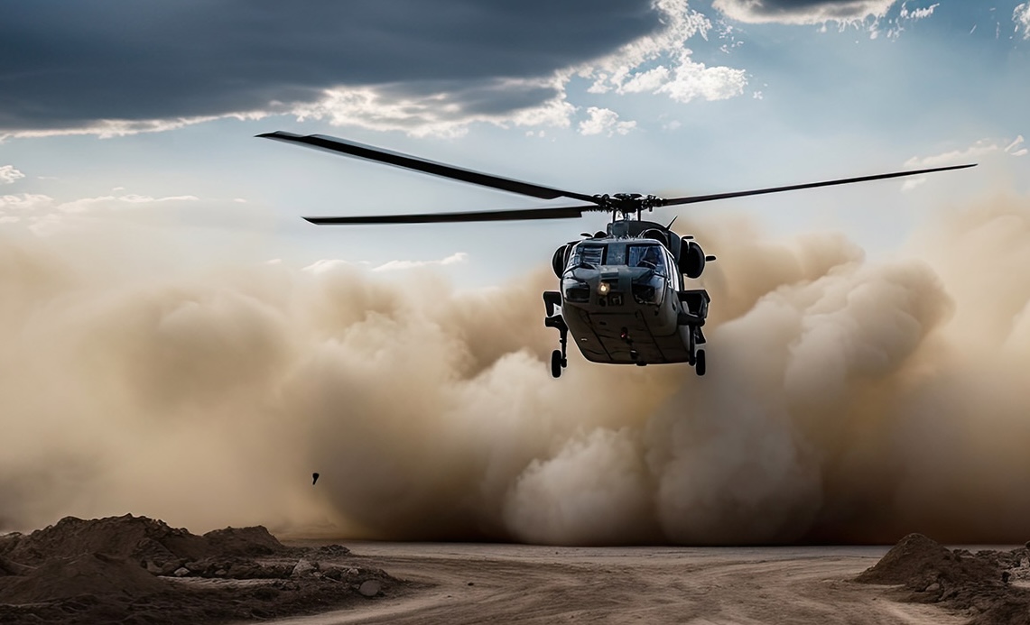 Helicopter landing in a dust cloud