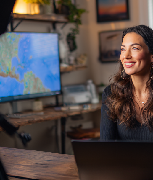 Independent broadcaster streaming from her home office at a desk