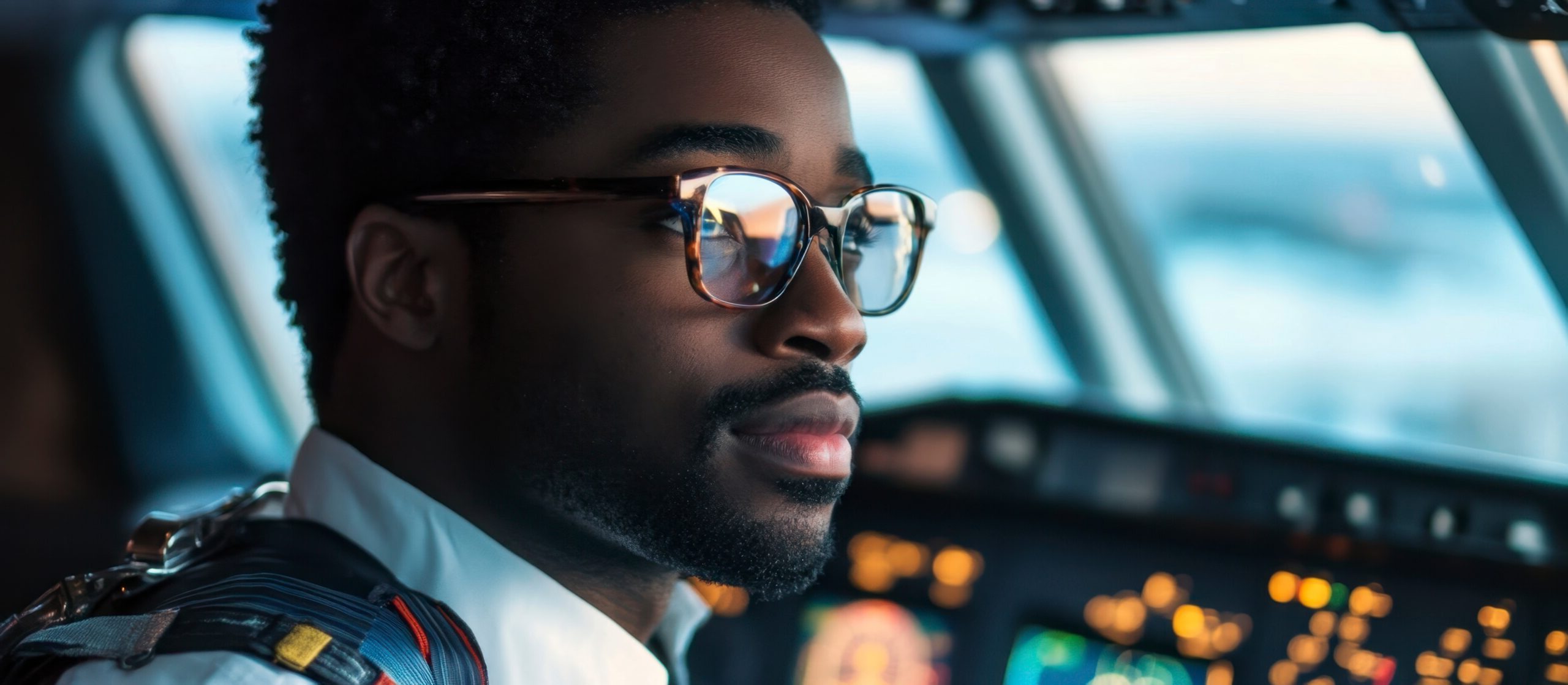 Focused Pilot Prepares For Flight in Cockpit at Dusk