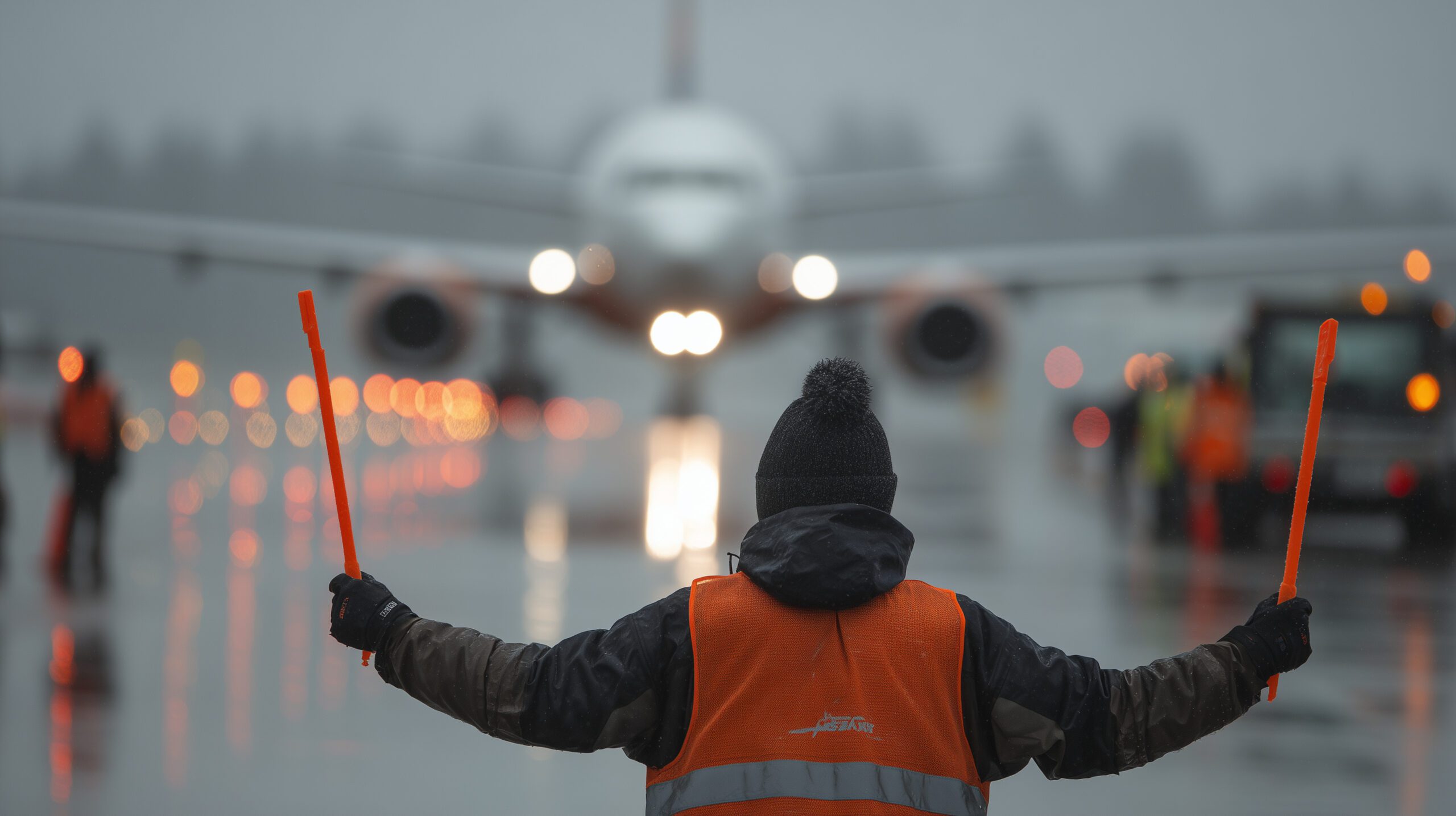 Directing airplanes is a crucial airport activity, especially in adverse weather conditions like fog and rain to ensure safety.
