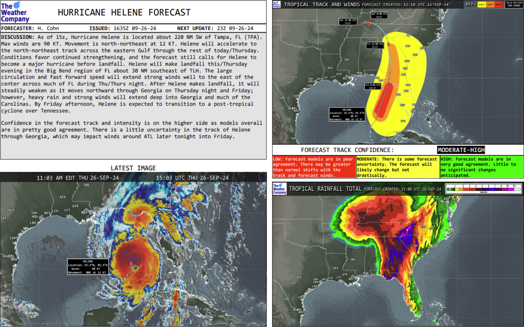 A clear and concise summary of the storm's current state and its anticipated impacts shown in a series of reports and radar imagery.