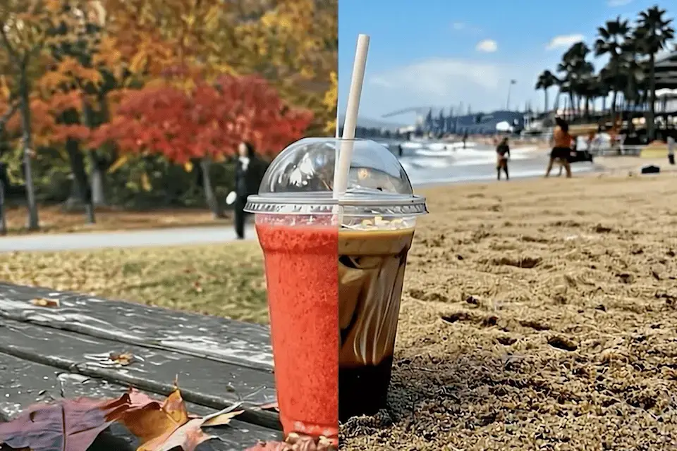 An animated image of different seasonal beverages