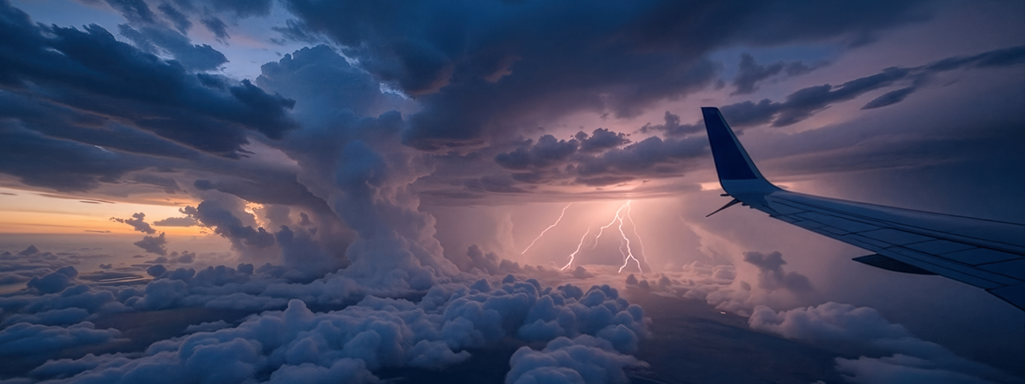 An airplane flying in threatening skies high above the ground
