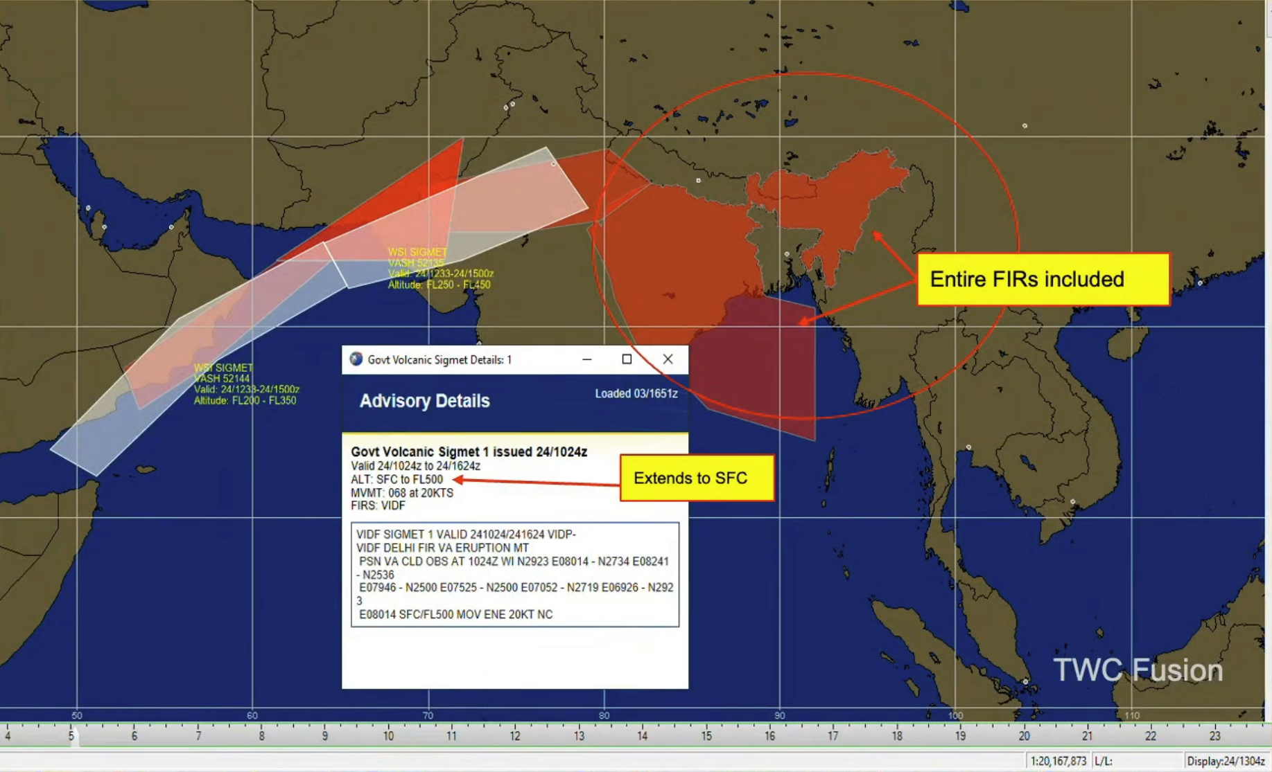 Advisory map: TWC SIGMETs clearly begin to offer more precision as compared to Government SIGMETs being issued over India and Bangladesh.