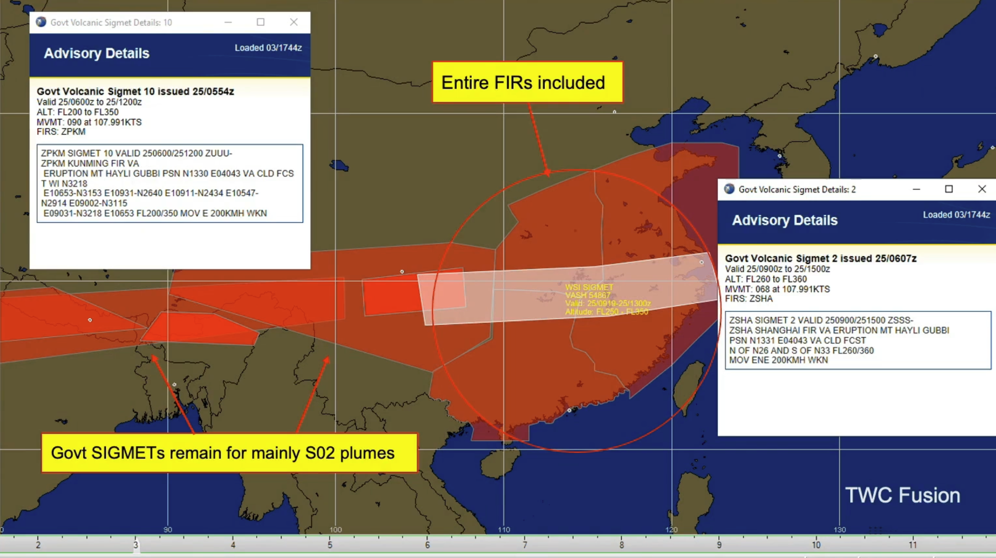 Advisory map: Over China, TWC SIGMETs focus on where the narrowing and thinning remnant ash resides.