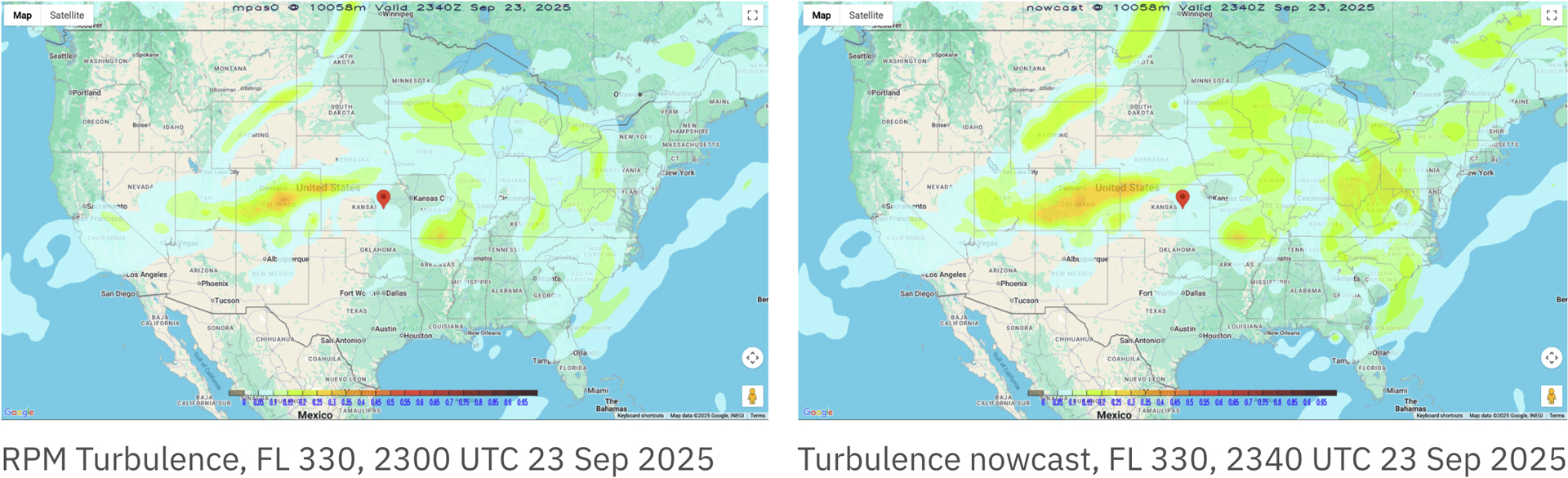 Turbulence nowcast (right) side-by-side base comparison with GRAF Turbulence (left), featuring enhancement of turbulence severity due to recent observations, SIGMETs, and more.