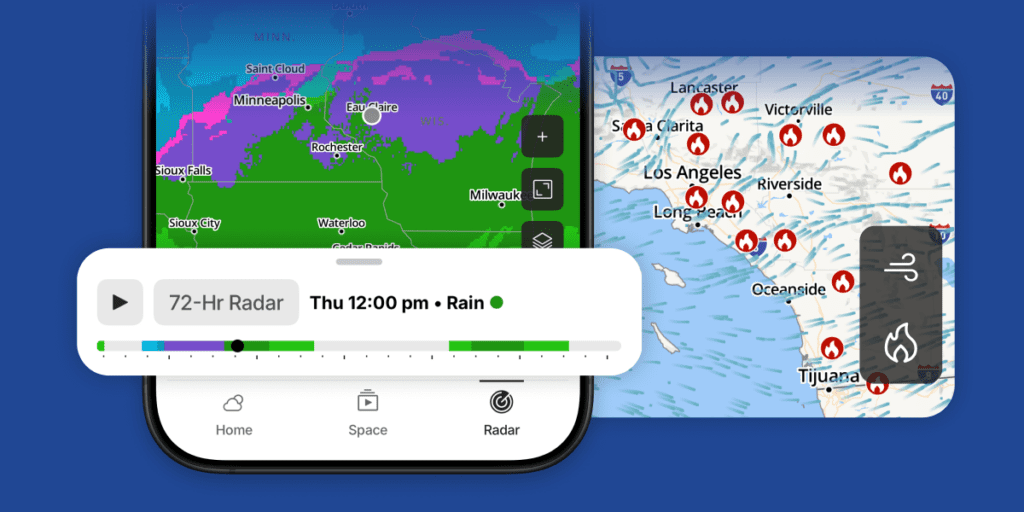 72-hour future radar forecast in The Weather Channel app.