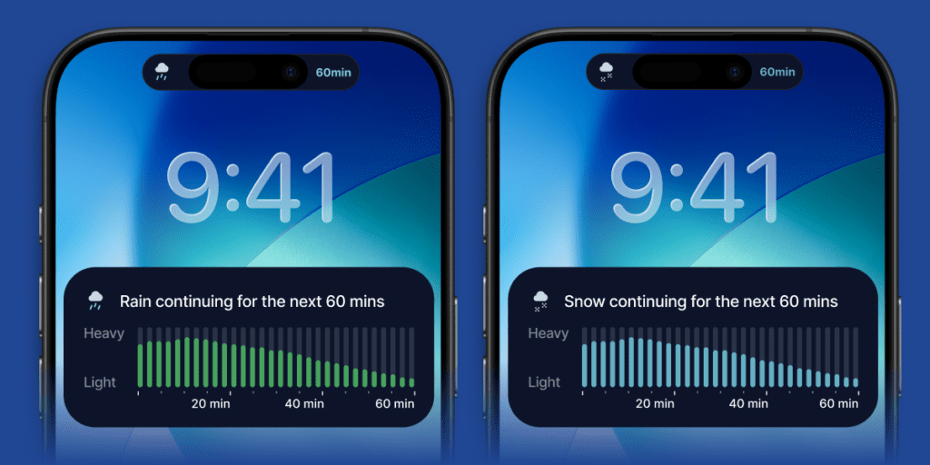 Live Activities lock screen showing precipitation alerts.