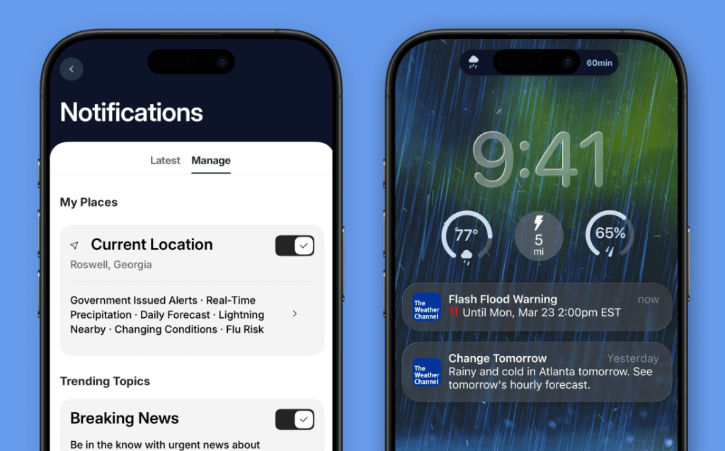 Alert notification set up in The Weather Channel mobile app