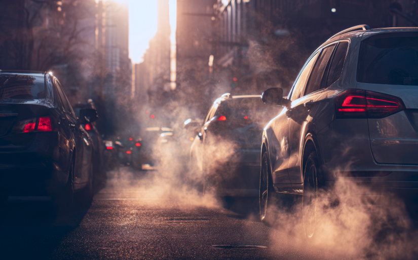 Cars on a city road where tailpipe exhaust is visible