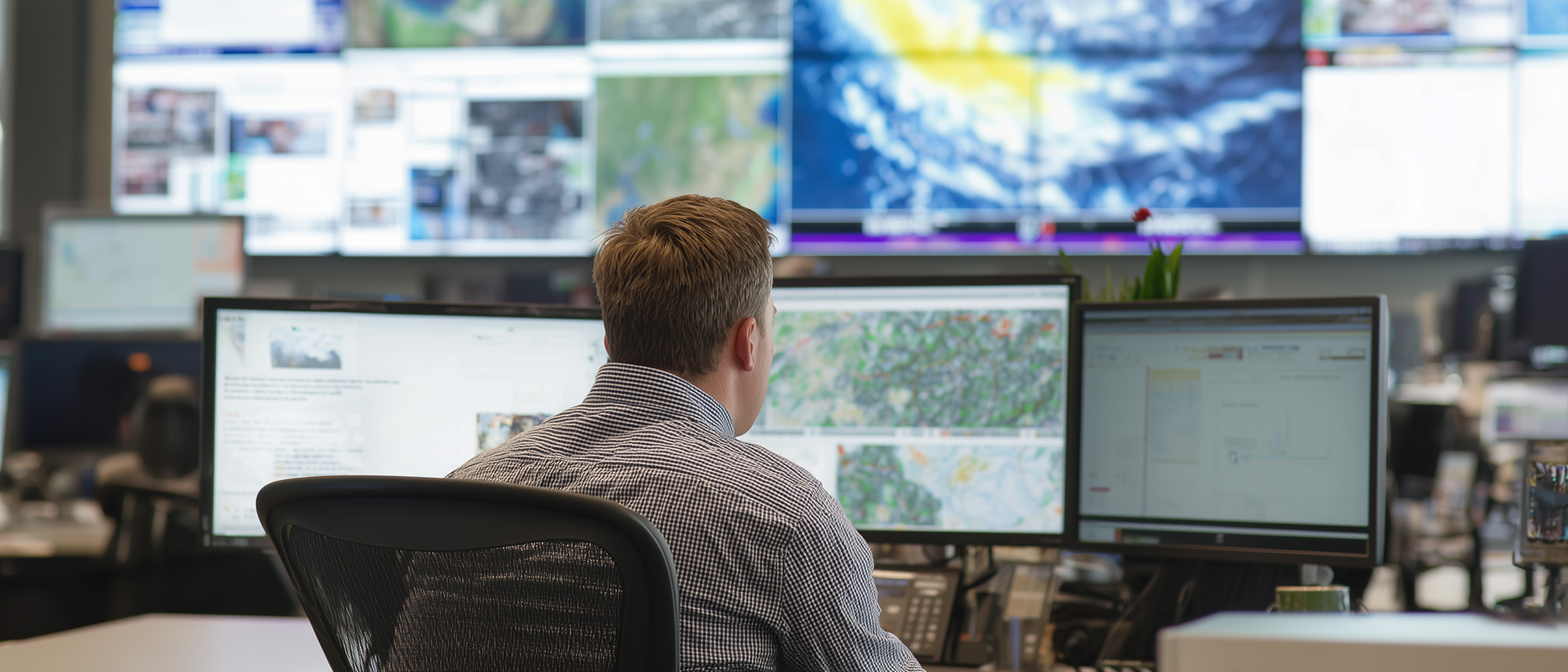 Meteorologist at a desk reviewing weather imagery on computer monitors.