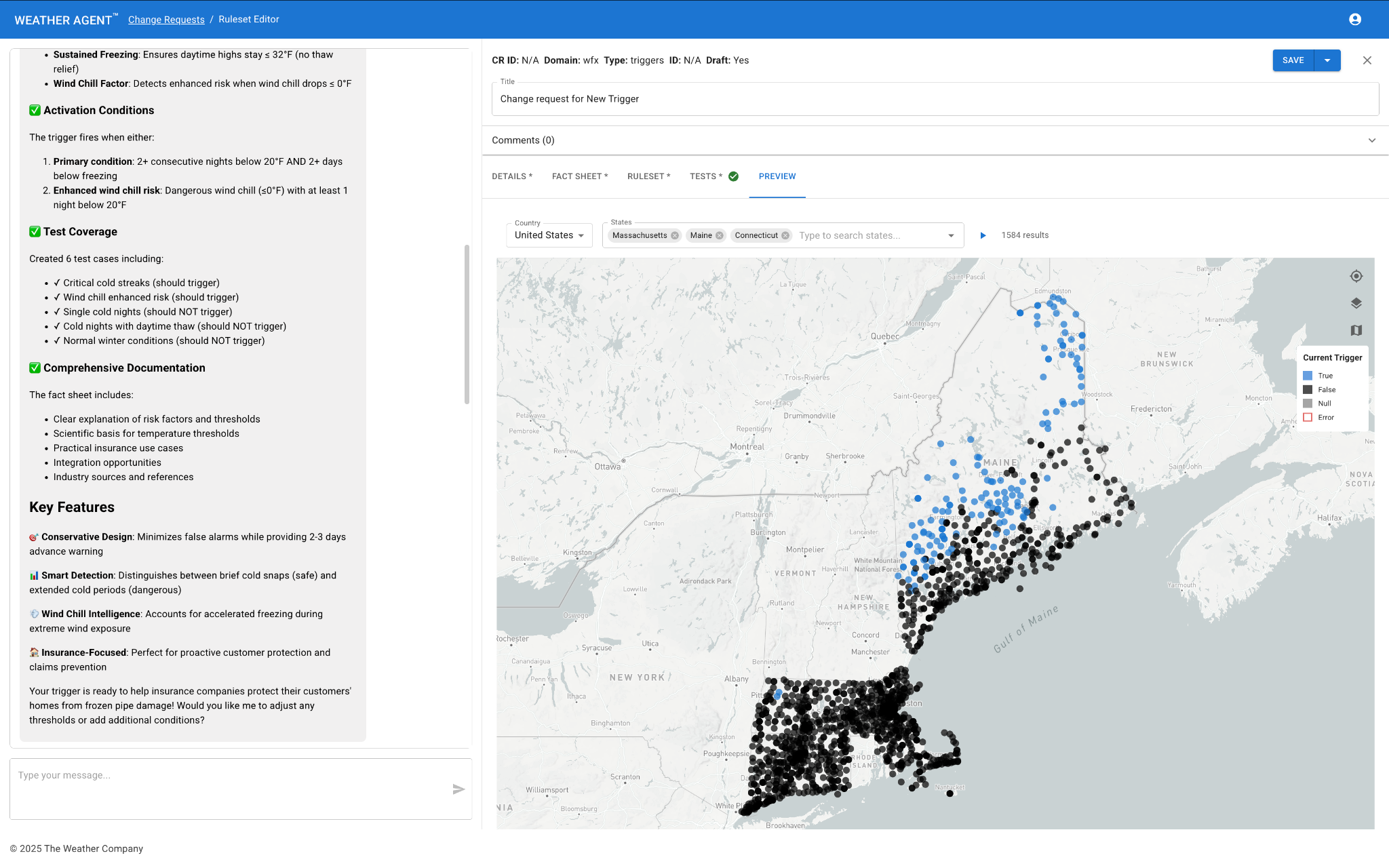 Sample visualization from Weather Agent for Indices & Triggers showing the areas to monitor based on the custom trigger criteria.