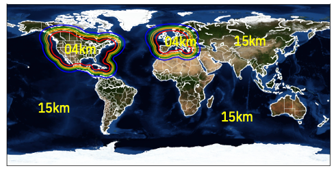 Depiction of 4-km refinement regions over Europe and continental United States.