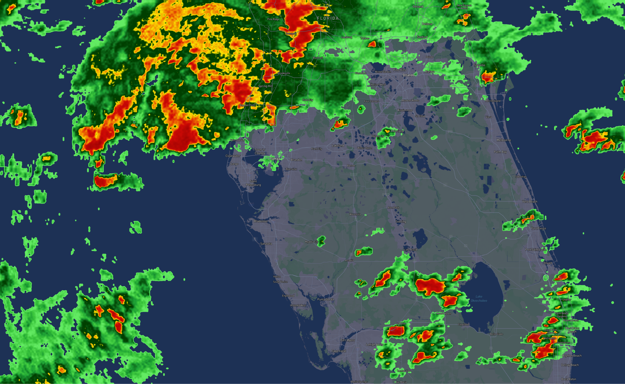 The same radar region after The Weather Company Quality Control algorithms have cleaned the dataset. The false returns and ground clutter have been successfully removed, leaving only verified precipitation.