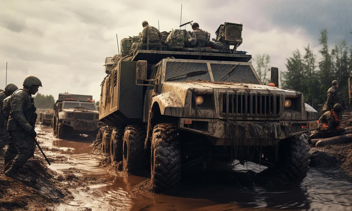 Military trucks in the rain and mud.