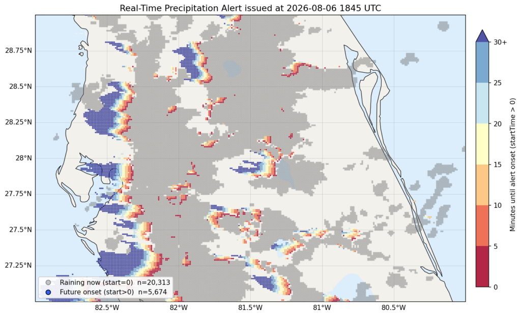 Graphical chart showing rain patterns over Central Florida and the movement and timing of the rain