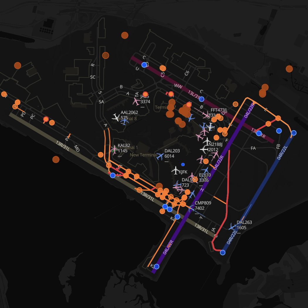 Live surface movement with color-coded runway configurations, taxi-time insights, and instantly viewable runway and taxiway restrictions.